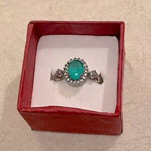 Silver, Natural Columbian Emerald Diamond Ring Engagement May Birthstone Size 7